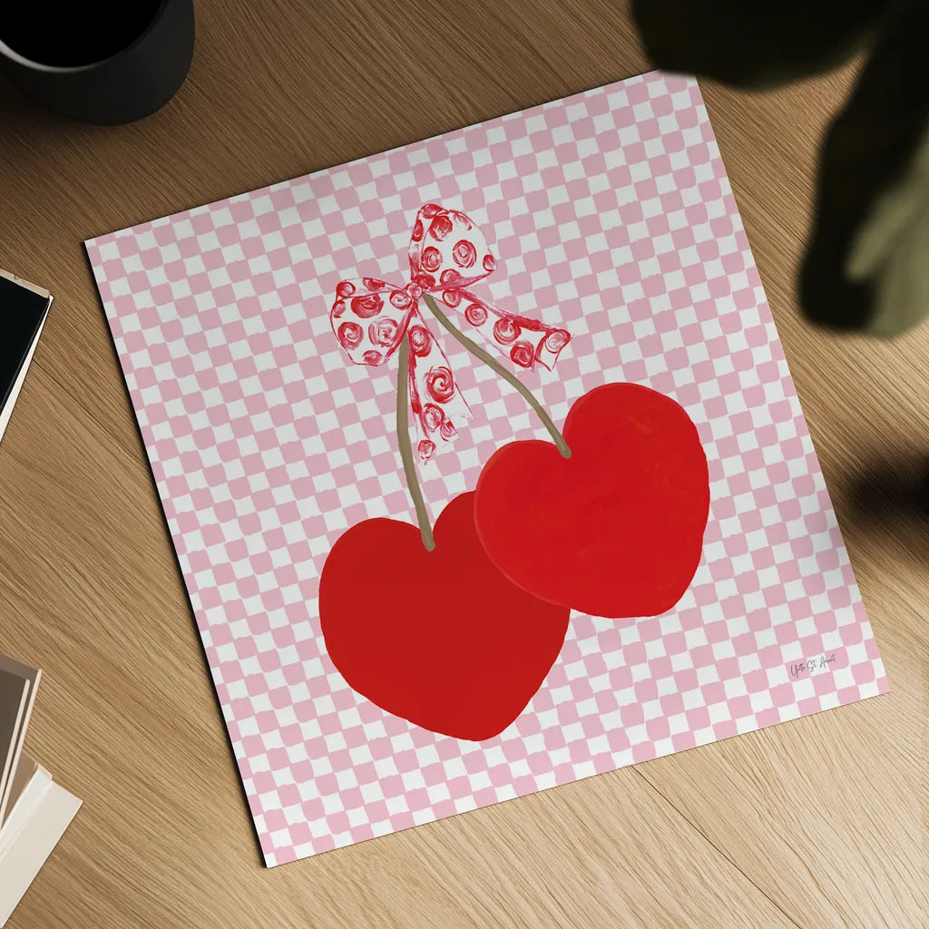 Cherry Hearts by Yvette St. Amant. Shown as a detailed flat fine art print, highlighting archival giclee quality. Available as an archival giclee rolled canvas, fine art paper, or poster print. SKU 98246a.