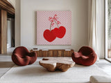 Cherry Hearts by Yvette St. Amant. Shown as extra-large giant wall art in a modern living room. Available as an archival giclee rolled canvas, fine art paper, or poster print. SKU 98246a.