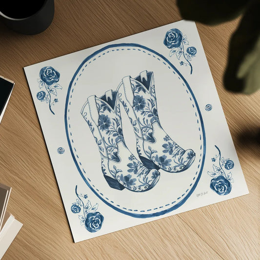 Chinoiserie Cowgirl I by Yvette St. Amant. Shown as a detailed flat fine art print, highlighting archival giclee quality. Available as an archival giclee rolled canvas, fine art paper, or poster print. SKU 101162a.