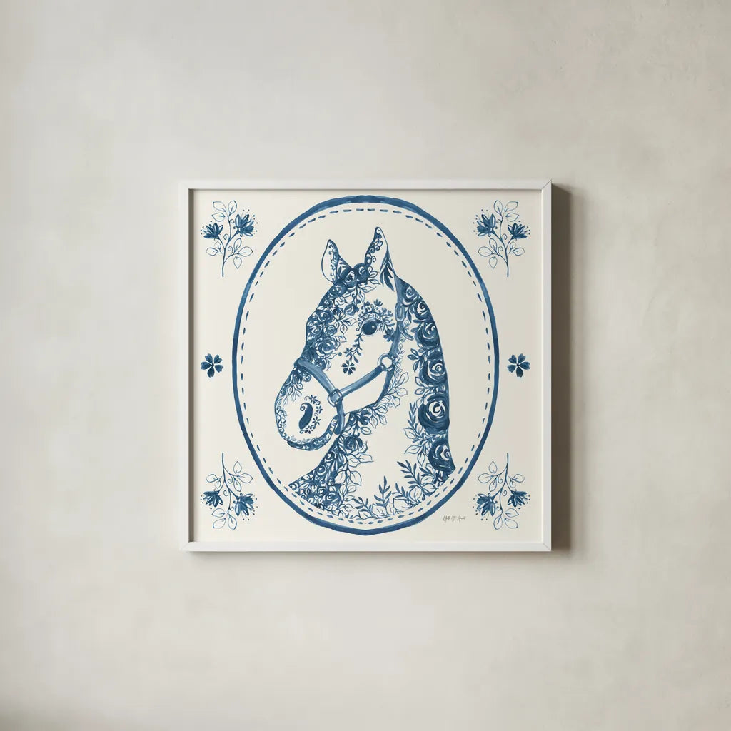 Chinoiserie Cowgirl II by Yvette St. Amant. Shown in a crisp white glass frame for a clean and minimalist style. Available as an archival giclee rolled canvas, fine art paper, or poster print. SKU 101163a.