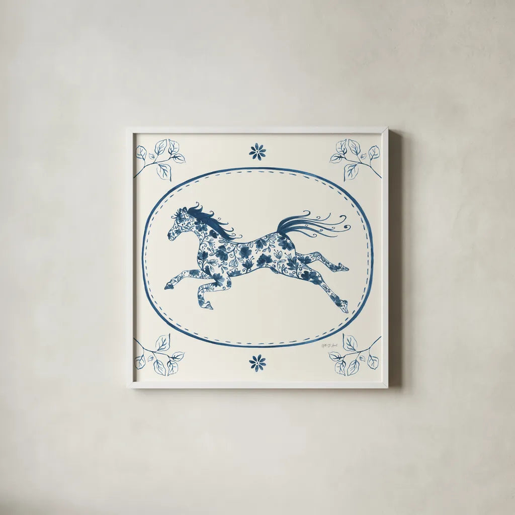 Chinoiserie Cowgirl IV by Yvette St. Amant. Shown in a crisp white glass frame for a clean and minimalist style. Available as an archival giclee rolled canvas, fine art paper, or poster print. SKU 101165a.