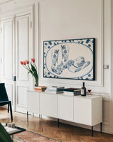 Chinoiserie Cowgirl V by Yvette St. Amant. shown as a framed stretched canvas in a living room above a console. Available as a archival giclee rolled canvas, fine art paper, or poster print. SKU 101166i.