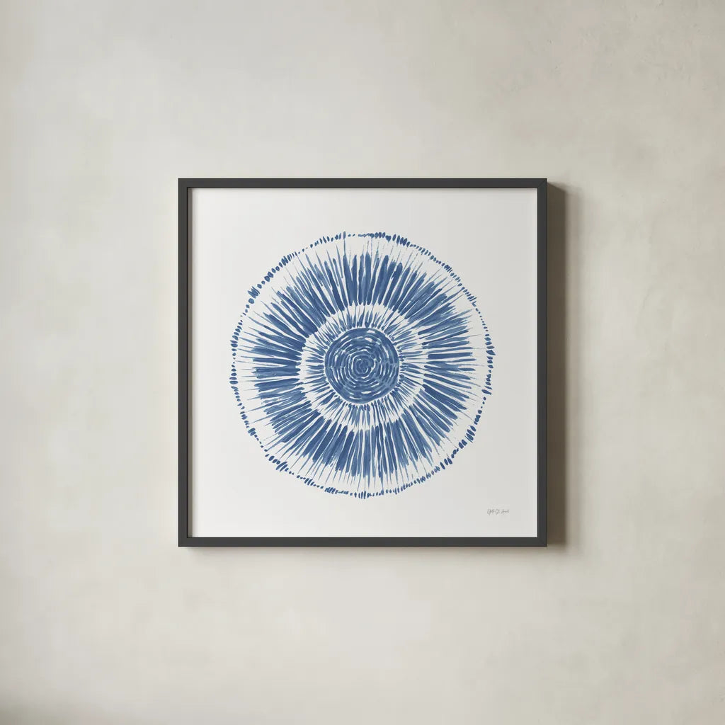 Coastal Block Print I Blue by Yvette St. Amant. Shown in a sleek black glass frame for a contemporary gallery look. Available as an archival giclee rolled canvas, fine art paper, or poster print. SKU 91163a.