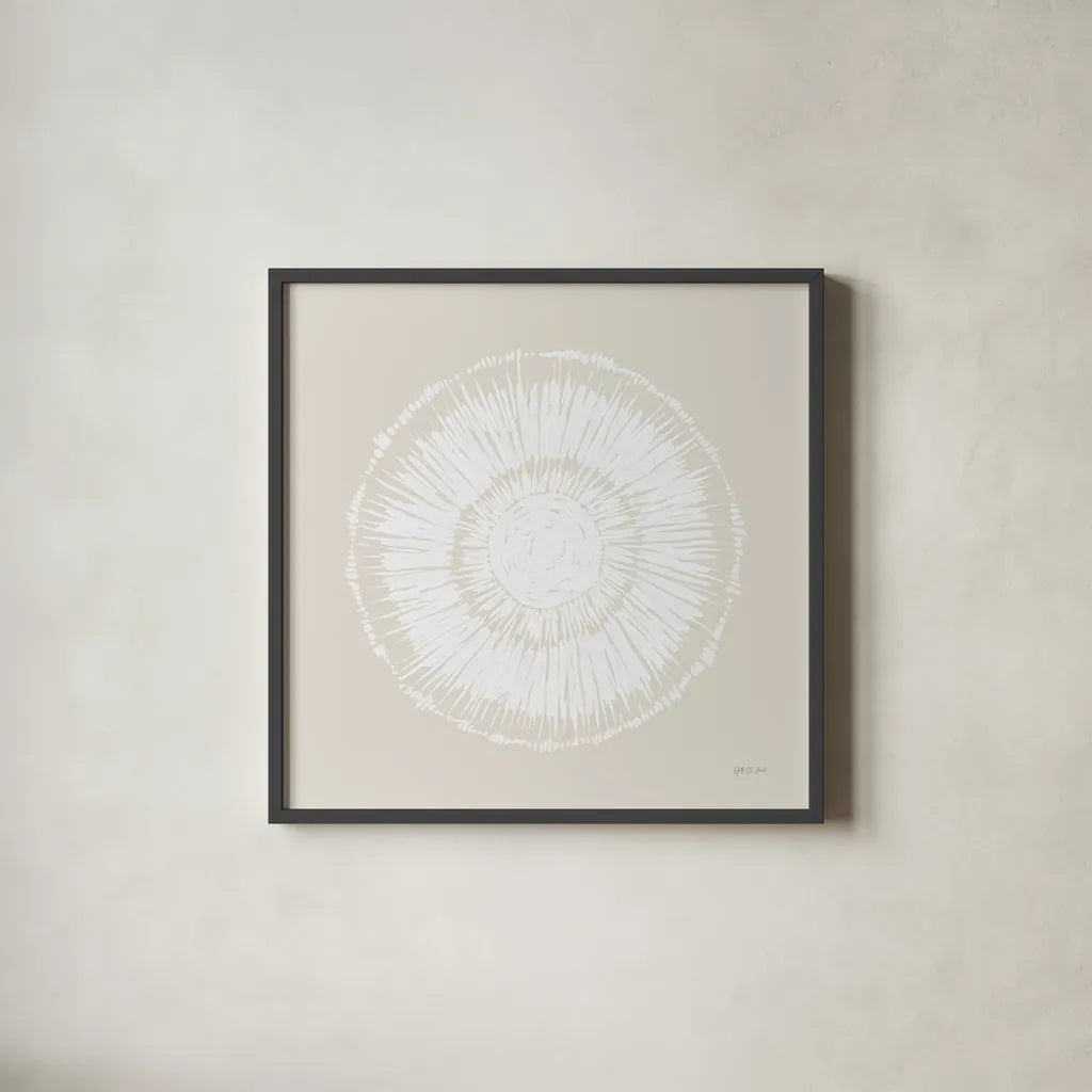 Coastal Block Print I Neutral by Yvette St. Amant. Shown in a sleek black glass frame for a contemporary gallery look. Available as an archival giclee rolled canvas, fine art paper, or poster print. SKU 91165a.