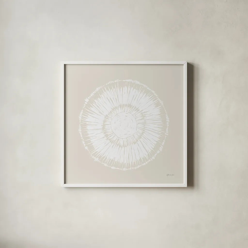 Coastal Block Print I Neutral by Yvette St. Amant. Shown in a crisp white glass frame for a clean and minimalist style. Available as an archival giclee rolled canvas, fine art paper, or poster print. SKU 91165a.