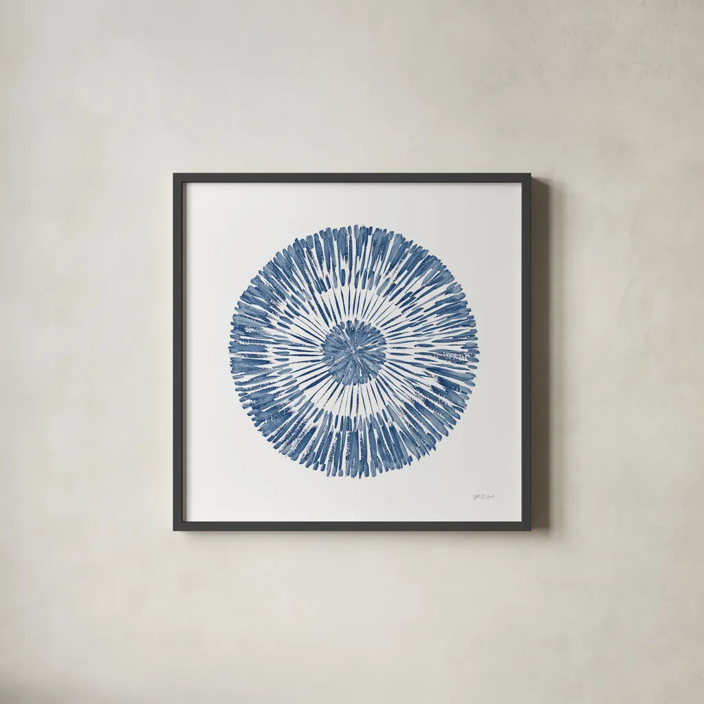 Coastal Block Print II Blue by Yvette St. Amant. Shown in a sleek black glass frame for a contemporary gallery look. Available as an archival giclee rolled canvas, fine art paper, or poster print. SKU 91164a.