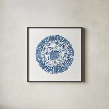 Coastal Block Print II Blue by Yvette St. Amant. Shown in a sleek black glass frame for a contemporary gallery look. Available as an archival giclee rolled canvas, fine art paper, or poster print. SKU 91164a.
