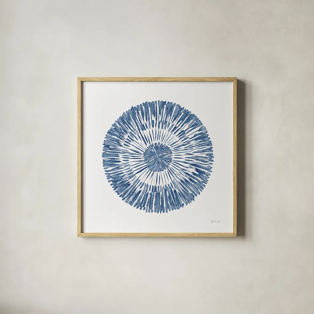 Coastal Block Print II Blue by Yvette St. Amant. Shown in a natural wood glass frame for a timeless modern aesthetic. Available as an archival giclee rolled canvas, fine art paper, or poster print. SKU 91164a.