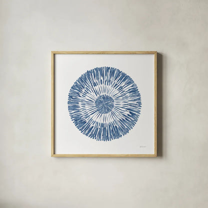 Coastal Block Print II Blue by Yvette St. Amant. Shown in a natural wood glass frame for a timeless modern aesthetic. Available as an archival giclee rolled canvas, fine art paper, or poster print. SKU 91164a.