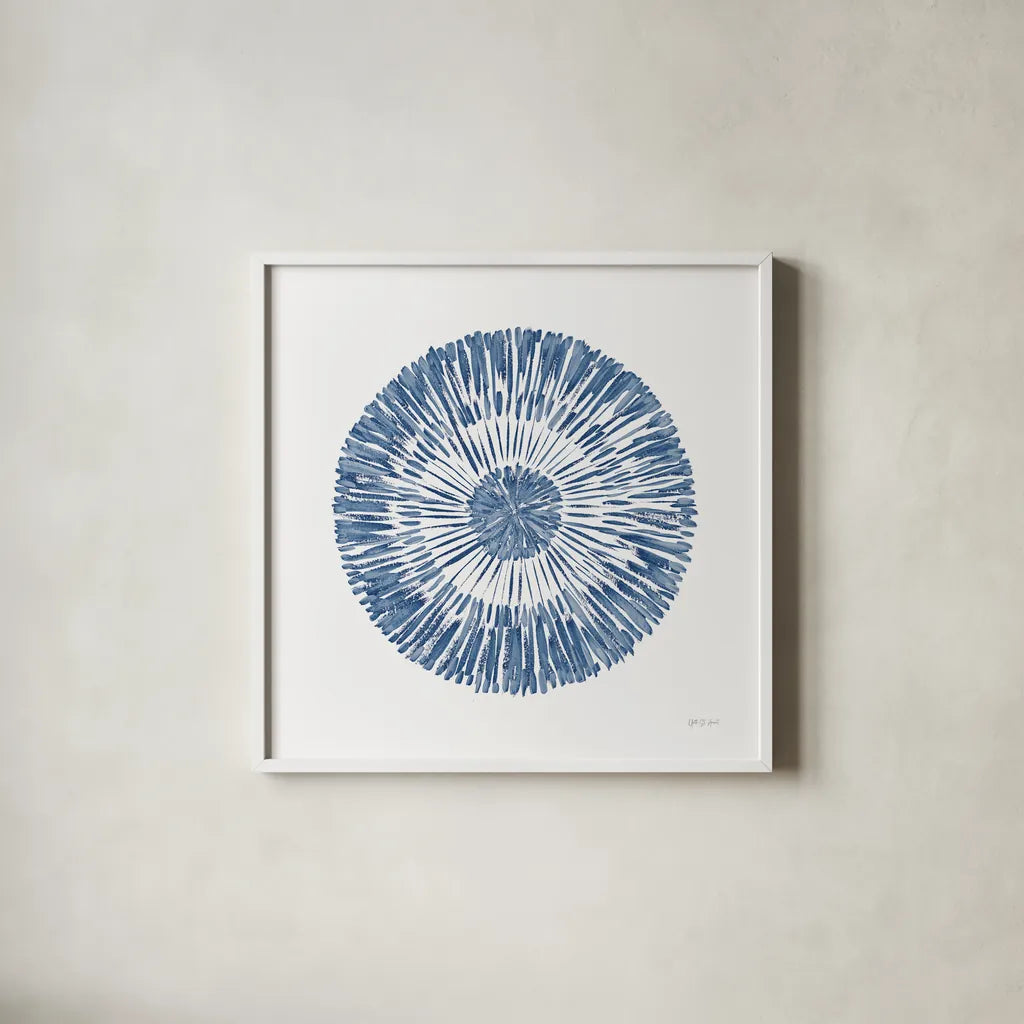 Coastal Block Print II Blue by Yvette St. Amant. Shown in a crisp white glass frame for a clean and minimalist style. Available as an archival giclee rolled canvas, fine art paper, or poster print. SKU 91164a.