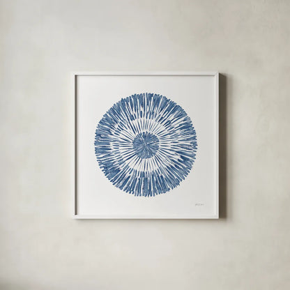 Coastal Block Print II Blue by Yvette St. Amant. Shown in a crisp white glass frame for a clean and minimalist style. Available as an archival giclee rolled canvas, fine art paper, or poster print. SKU 91164a.