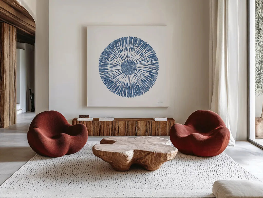 Coastal Block Print II Blue by Yvette St. Amant. Shown as extra-large giant wall art in a modern living room. Available as an archival giclee rolled canvas, fine art paper, or poster print. SKU 91164a.