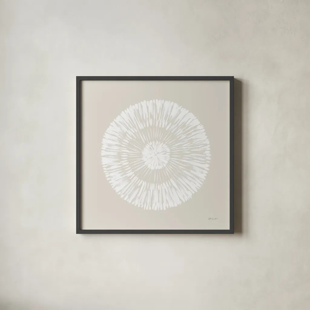 Coastal Block Print II Neutral by Yvette St. Amant. Shown in a sleek black glass frame for a contemporary gallery look. Available as an archival giclee rolled canvas, fine art paper, or poster print. SKU 91166a.