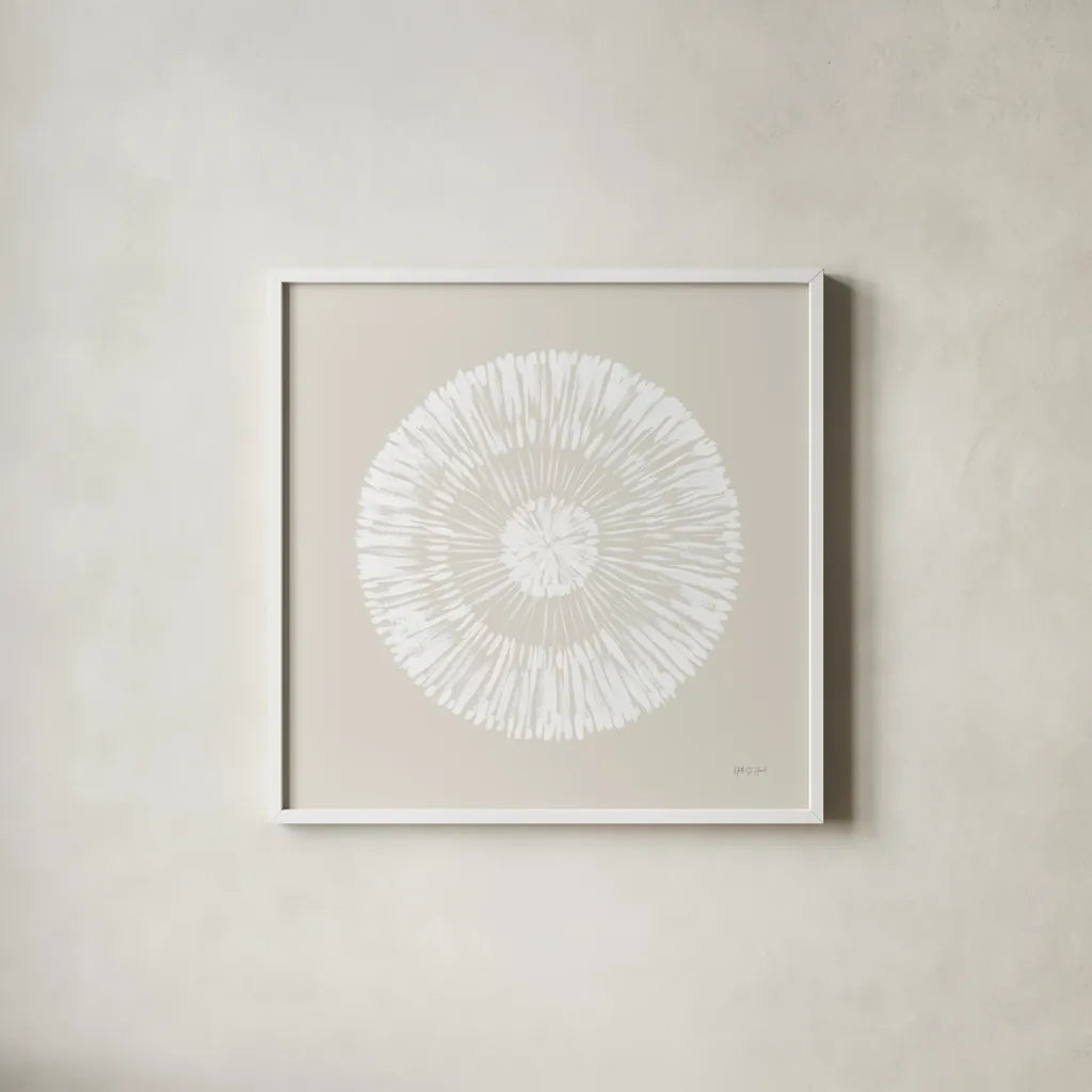 Coastal Block Print II Neutral by Yvette St. Amant. Shown in a crisp white glass frame for a clean and minimalist style. Available as an archival giclee rolled canvas, fine art paper, or poster print. SKU 91166a.