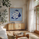 Coastal Chinoiserie I by Yvette St. Amant. Shown in a natural wood frame in a cozy modern living room. Available as an archival giclee rolled canvas, fine art paper, or poster print. SKU 91022a.