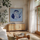 Coastal Chinoiserie II by Yvette St. Amant. Shown in a natural wood frame in a cozy modern living room. Available as an archival giclee rolled canvas, fine art paper, or poster print. SKU 91023a.