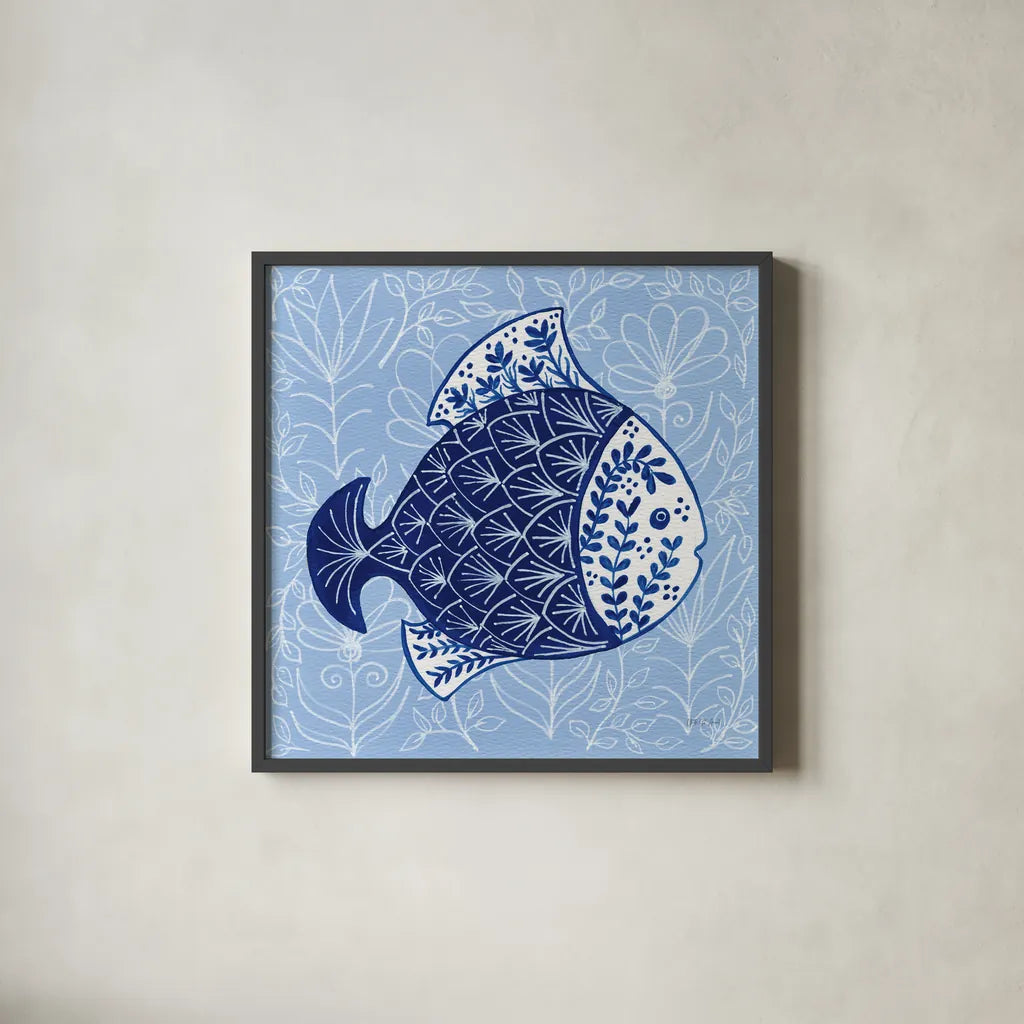 Coastal Chinoiserie III by Yvette St. Amant. Shown in a sleek black glass frame for a contemporary gallery look. Available as an archival giclee rolled canvas, fine art paper, or poster print. SKU 91024a.