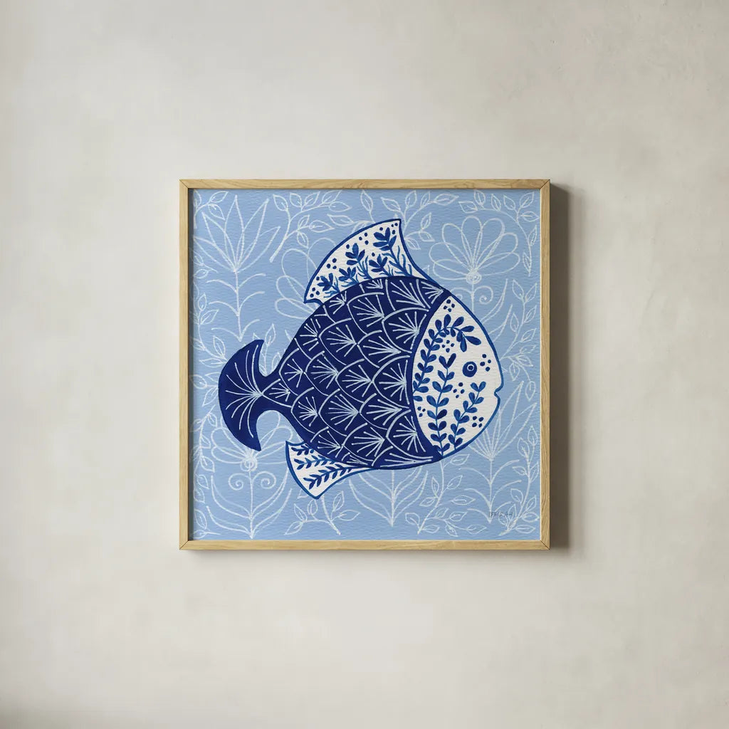 Coastal Chinoiserie III by Yvette St. Amant. Shown in a natural wood glass frame for a timeless modern aesthetic. Available as an archival giclee rolled canvas, fine art paper, or poster print. SKU 91024a.