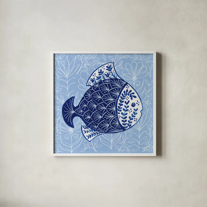 Coastal Chinoiserie III by Yvette St. Amant. Shown in a crisp white glass frame for a clean and minimalist style. Available as an archival giclee rolled canvas, fine art paper, or poster print. SKU 91024a.