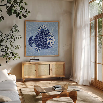 Coastal Chinoiserie III by Yvette St. Amant. Shown in a natural wood frame in a cozy modern living room. Available as an archival giclee rolled canvas, fine art paper, or poster print. SKU 91024a.