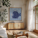 Coastal Chinoiserie IV by Yvette St. Amant. Shown in a natural wood frame in a cozy modern living room. Available as an archival giclee rolled canvas, fine art paper, or poster print. SKU 91025a.
