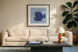 Coastal Chinoiserie IV by Yvette St. Amant. Displayed in a glass frame with matte in a clean modern living room. Available as an archival giclee rolled canvas, fine art paper, or poster print. SKU 91025a.