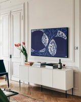 Coastal Chinoiserie IX by Yvette St. Amant. shown as a framed stretched canvas in a living room above a console. Available as a archival giclee rolled canvas, fine art paper, or poster print. SKU 91030i.