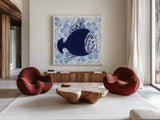 Coastal Chinoiserie V by Yvette St. Amant. Shown as extra-large giant wall art in a modern living room. Available as an archival giclee rolled canvas, fine art paper, or poster print. SKU 91026a.
