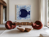 Coastal Chinoiserie VI by Yvette St. Amant. Shown as extra-large giant wall art in a modern living room. Available as an archival giclee rolled canvas, fine art paper, or poster print. SKU 91027a.