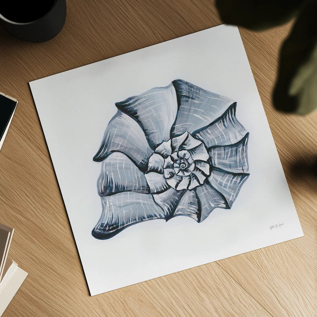 Coastal Harp Shell Navy by Yvette St. Amant. Shown as a detailed flat fine art print, highlighting archival giclee quality. Available as an archival giclee rolled canvas, fine art paper, or poster print. SKU 91167a.