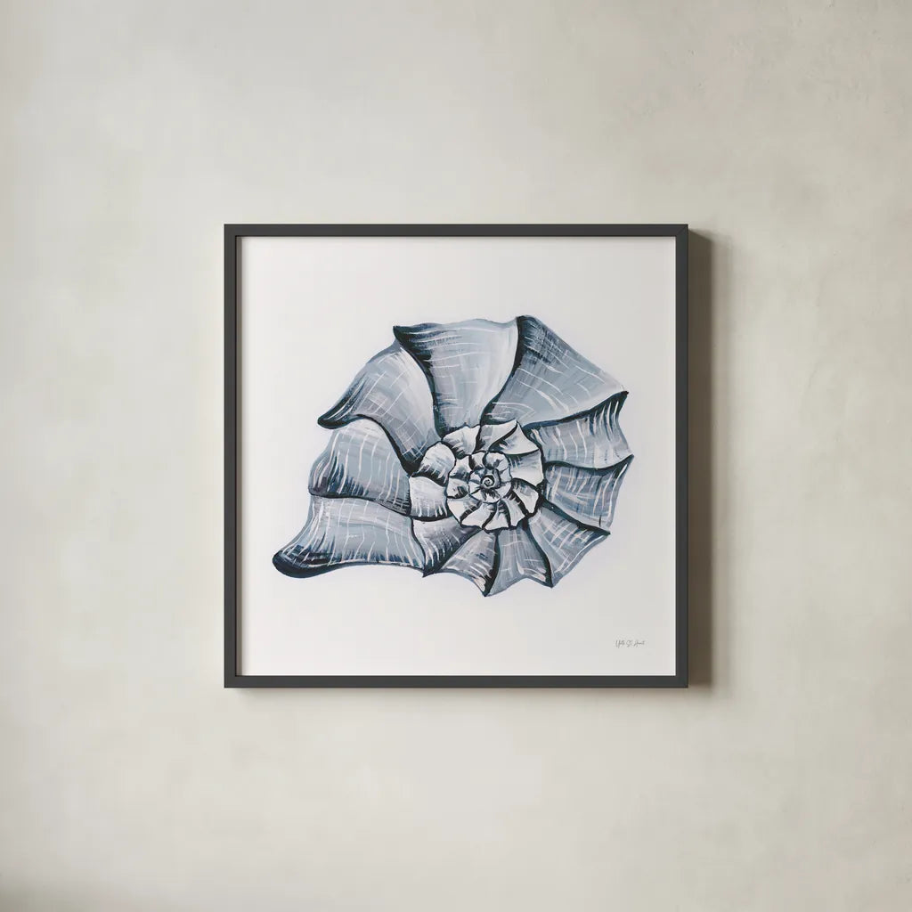 Coastal Harp Shell Navy by Yvette St. Amant. Shown in a sleek black glass frame for a contemporary gallery look. Available as an archival giclee rolled canvas, fine art paper, or poster print. SKU 91167a.