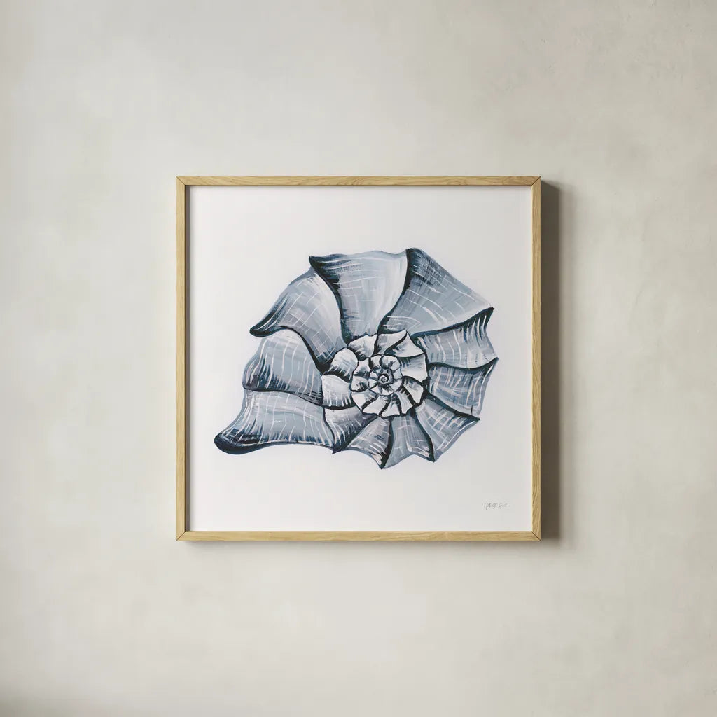 Coastal Harp Shell Navy by Yvette St. Amant. Shown in a natural wood glass frame for a timeless modern aesthetic. Available as an archival giclee rolled canvas, fine art paper, or poster print. SKU 91167a.
