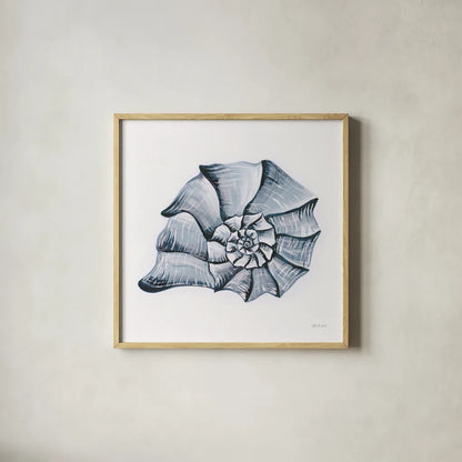 Coastal Harp Shell Navy by Yvette St. Amant. Shown in a natural wood glass frame for a timeless modern aesthetic. Available as an archival giclee rolled canvas, fine art paper, or poster print. SKU 91167a.