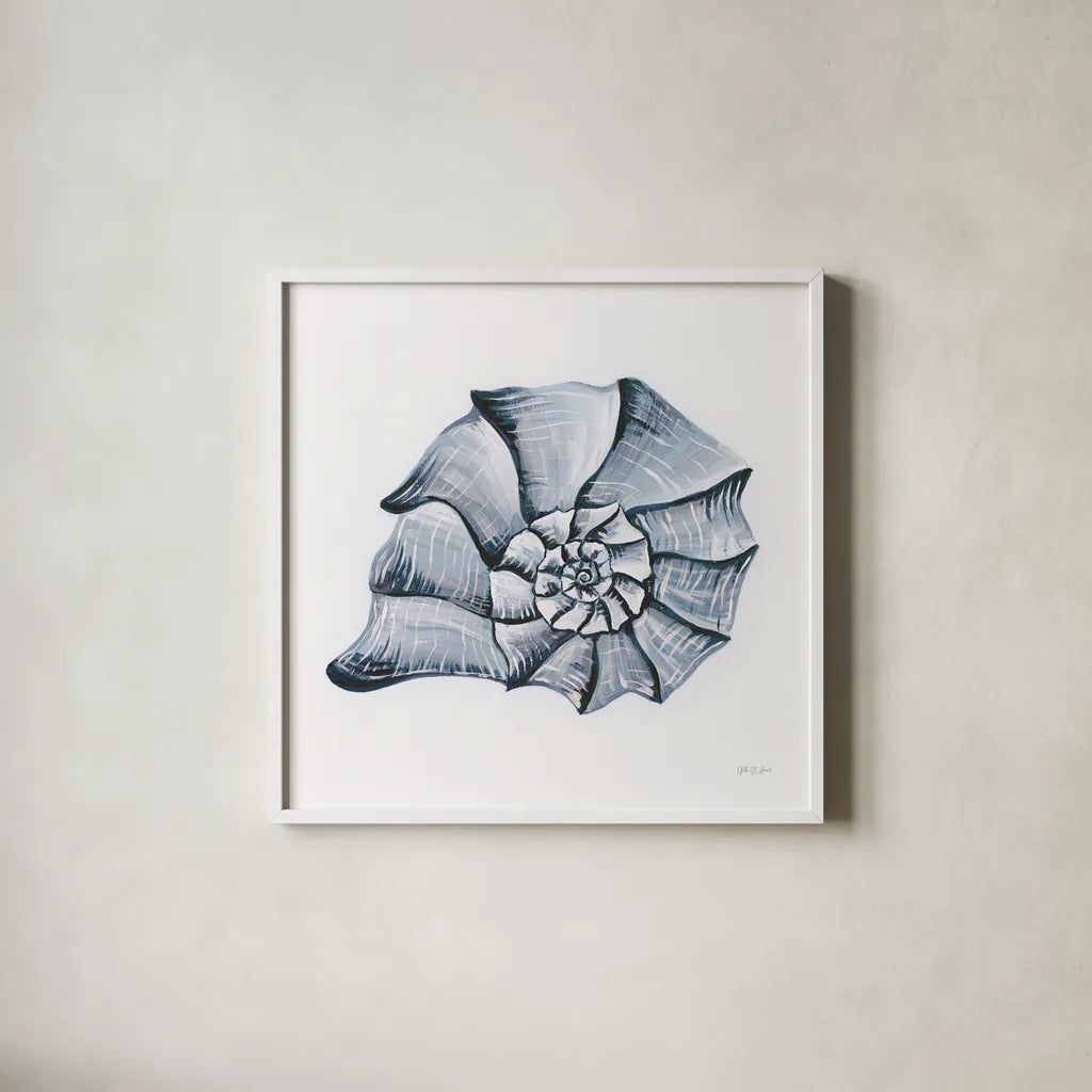 Coastal Harp Shell Navy by Yvette St. Amant. Shown in a crisp white glass frame for a clean and minimalist style. Available as an archival giclee rolled canvas, fine art paper, or poster print. SKU 91167a.
