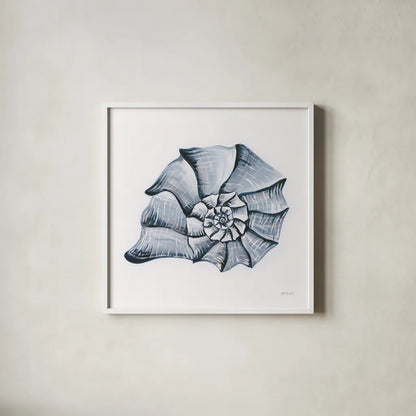 Coastal Harp Shell Navy by Yvette St. Amant. Shown in a crisp white glass frame for a clean and minimalist style. Available as an archival giclee rolled canvas, fine art paper, or poster print. SKU 91167a.