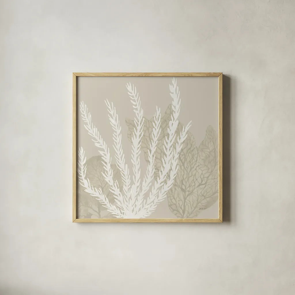 Coastal Reef V by Yvette St. Amant. Shown in a natural wood glass frame for a timeless modern aesthetic. Available as an archival giclee rolled canvas, fine art paper, or poster print. SKU 94008a.