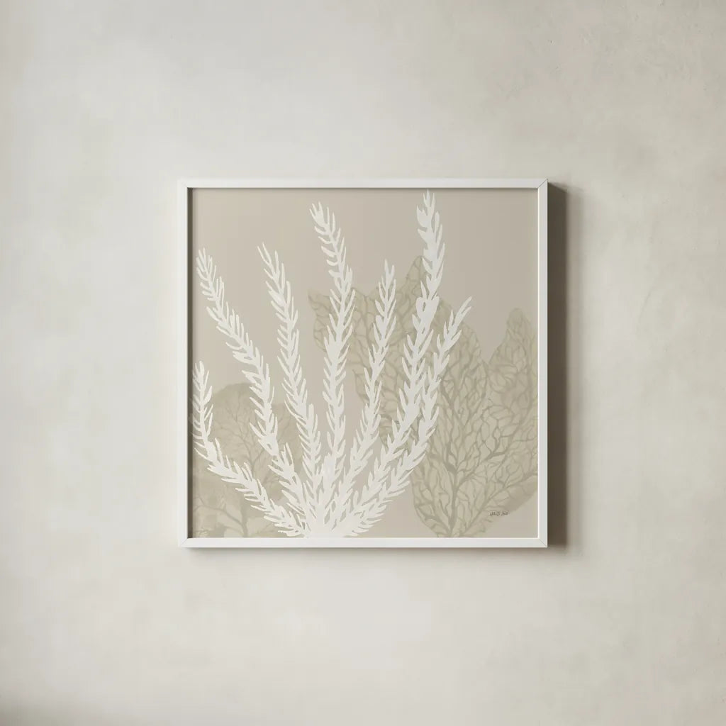 Coastal Reef V by Yvette St. Amant. Shown in a crisp white glass frame for a clean and minimalist style. Available as an archival giclee rolled canvas, fine art paper, or poster print. SKU 94008a.