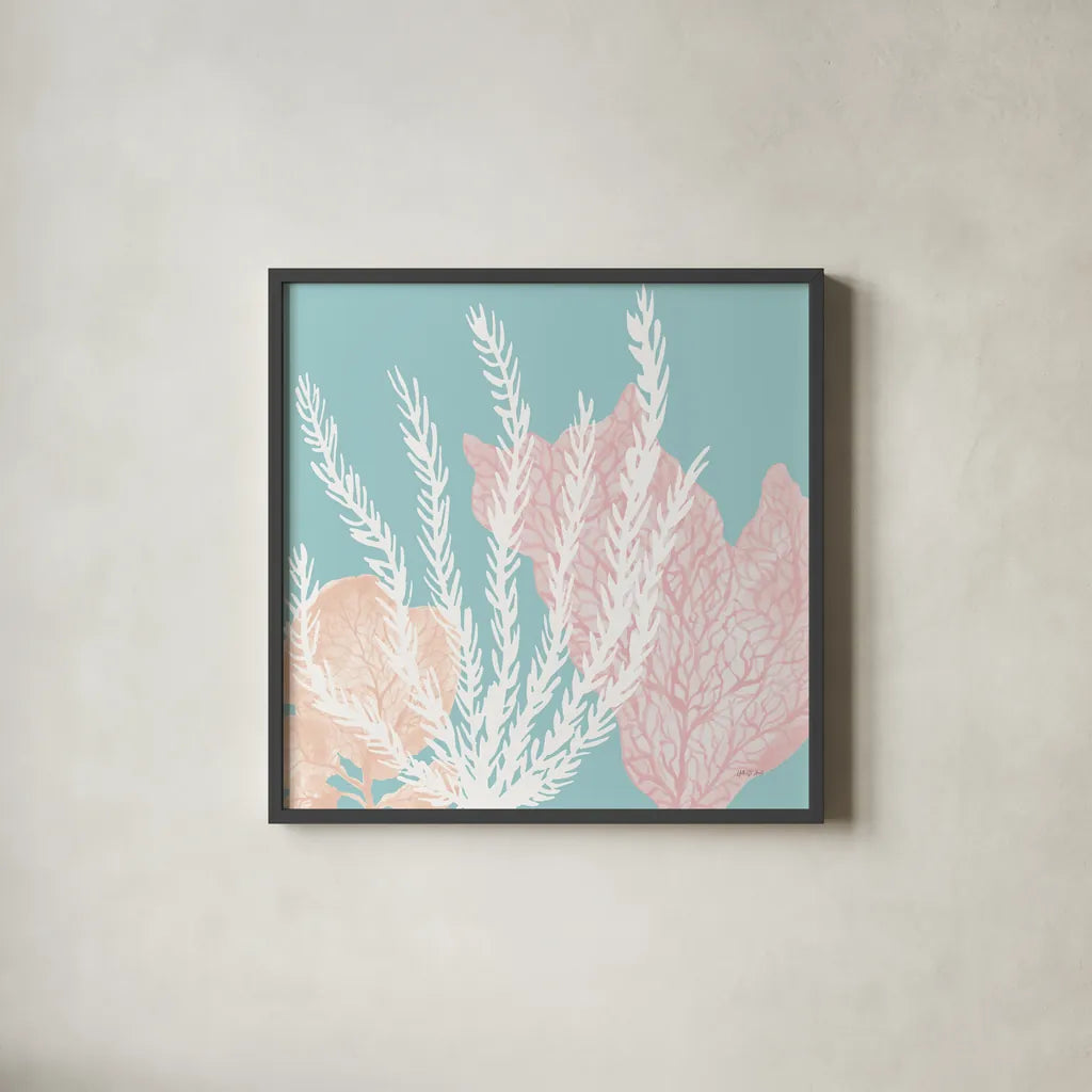 Coastal Reef V Blue by Yvette St. Amant. Shown in a sleek black glass frame for a contemporary gallery look. Available as an archival giclee rolled canvas, fine art paper, or poster print. SKU 95189a.