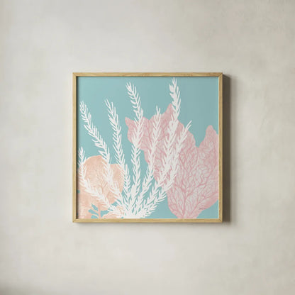 Coastal Reef V Blue by Yvette St. Amant. Shown in a natural wood glass frame for a timeless modern aesthetic. Available as an archival giclee rolled canvas, fine art paper, or poster print. SKU 95189a.