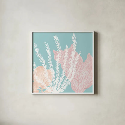 Coastal Reef V Blue by Yvette St. Amant. Shown in a crisp white glass frame for a clean and minimalist style. Available as an archival giclee rolled canvas, fine art paper, or poster print. SKU 95189a.