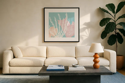 Coastal Reef V Blue by Yvette St. Amant. Displayed in a glass frame with matte in a clean modern living room. Available as an archival giclee rolled canvas, fine art paper, or poster print. SKU 95189a.