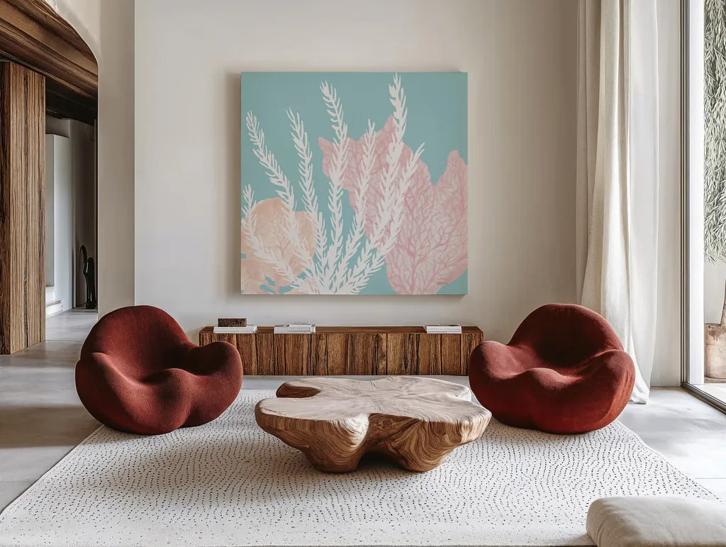 Coastal Reef V Blue by Yvette St. Amant. Shown as extra-large giant wall art in a modern living room. Available as an archival giclee rolled canvas, fine art paper, or poster print. SKU 95189a.
