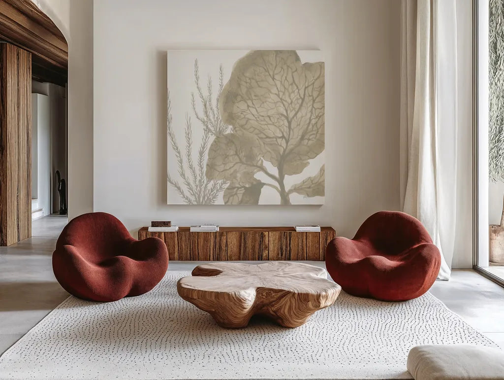 Coastal Reef VII by Yvette St. Amant. Shown as extra-large giant wall art in a modern living room. Available as an archival giclee rolled canvas, fine art paper, or poster print. SKU 94010a.