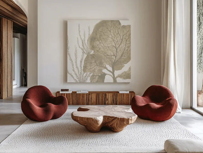Coastal Reef VII by Yvette St. Amant. Shown as extra-large giant wall art in a modern living room. Available as an archival giclee rolled canvas, fine art paper, or poster print. SKU 94010a.