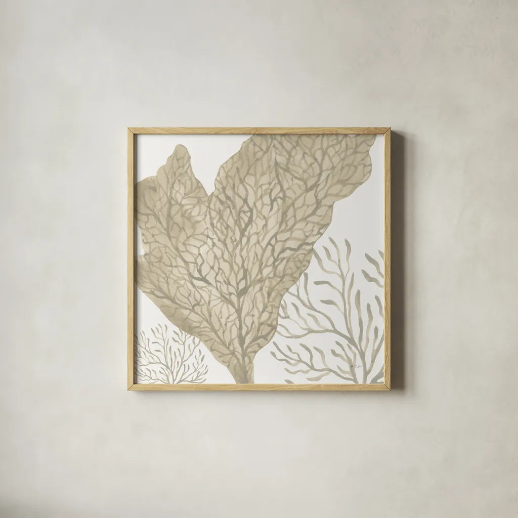 Coastal Reef VIII by Yvette St. Amant. Shown in a natural wood glass frame for a timeless modern aesthetic. Available as an archival giclee rolled canvas, fine art paper, or poster print. SKU 94011a.