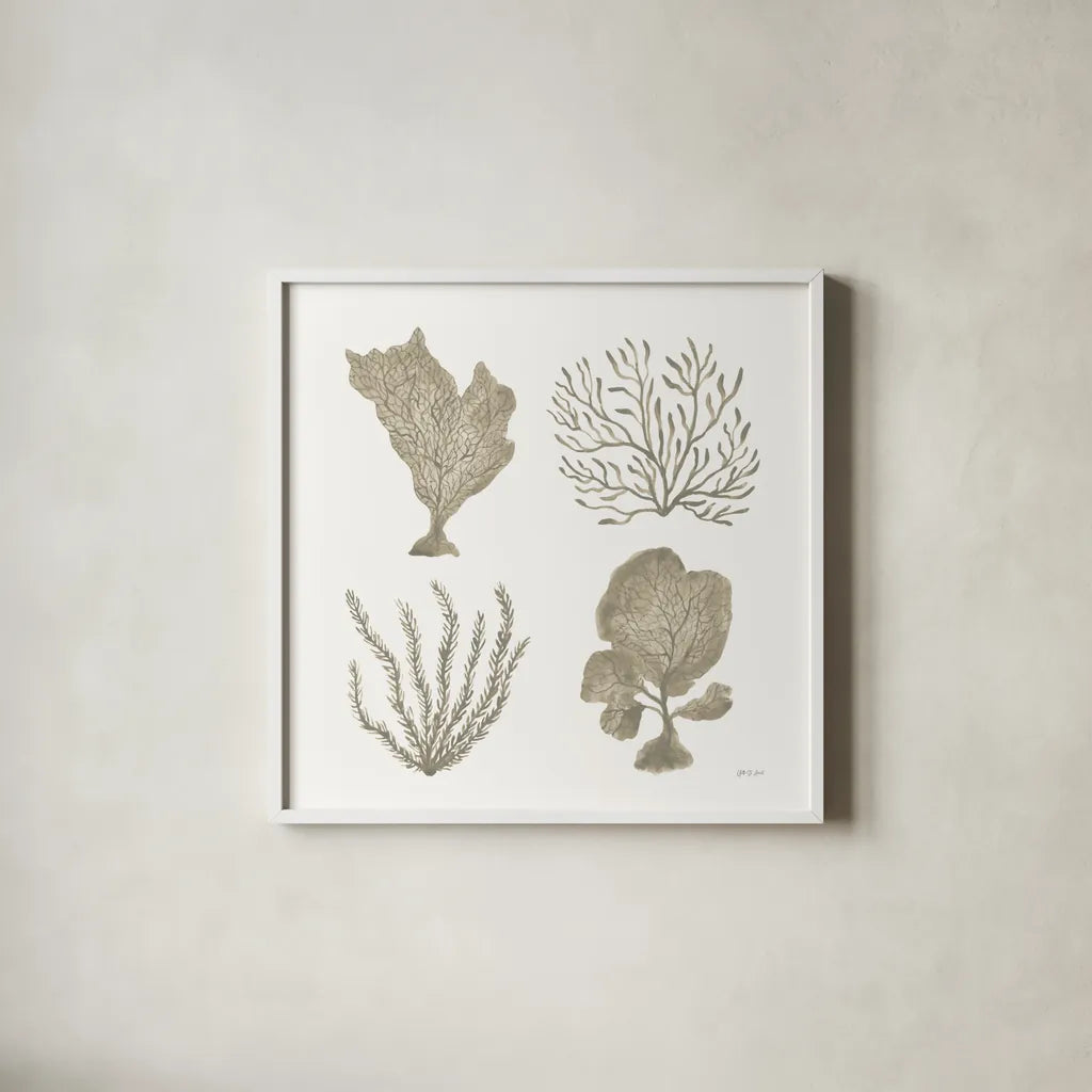 Coastal Reef X by Yvette St. Amant. Shown in a crisp white glass frame for a clean and minimalist style. Available as an archival giclee rolled canvas, fine art paper, or poster print. SKU 94013a.