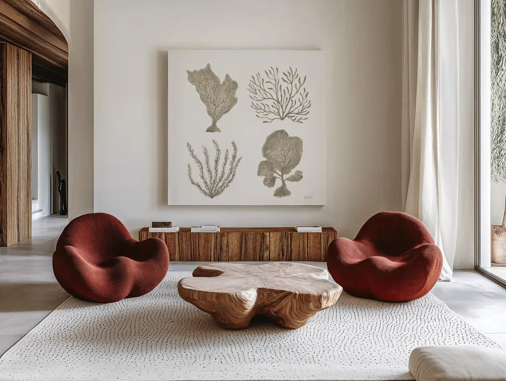 Coastal Reef X by Yvette St. Amant. Shown as extra-large giant wall art in a modern living room. Available as an archival giclee rolled canvas, fine art paper, or poster print. SKU 94013a.