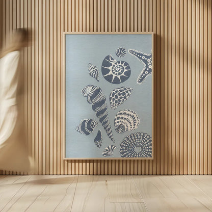 Coastal Shells I by Yvette St. Amant. shown as over sized large wall art. Available as an archival giclee rolled canvas, fine art paper, or poster print. SKU 88368h.