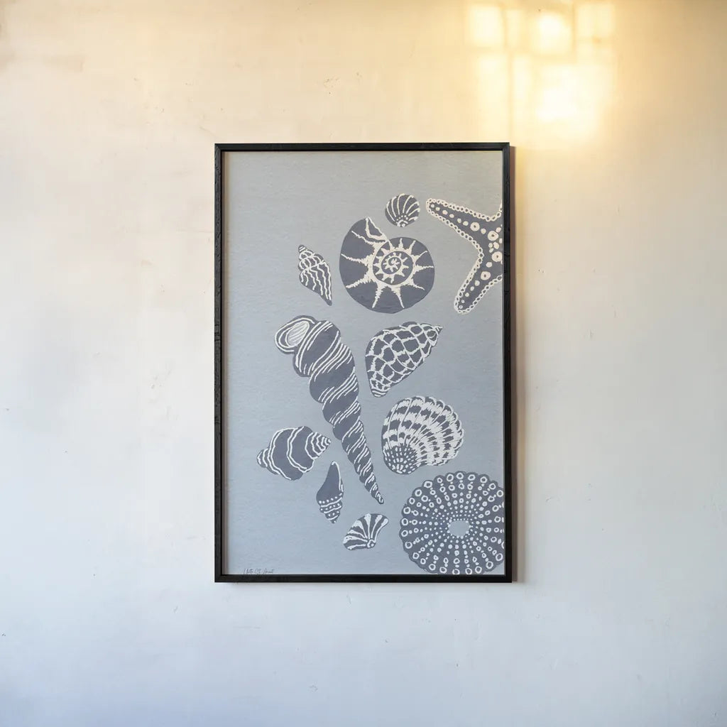 Coastal Shells I by Yvette St. Amant. shown as a paper print in a black flame. Available as a archival giclee rolled canvas, fine art paper, or poster print. SKU 88368h.