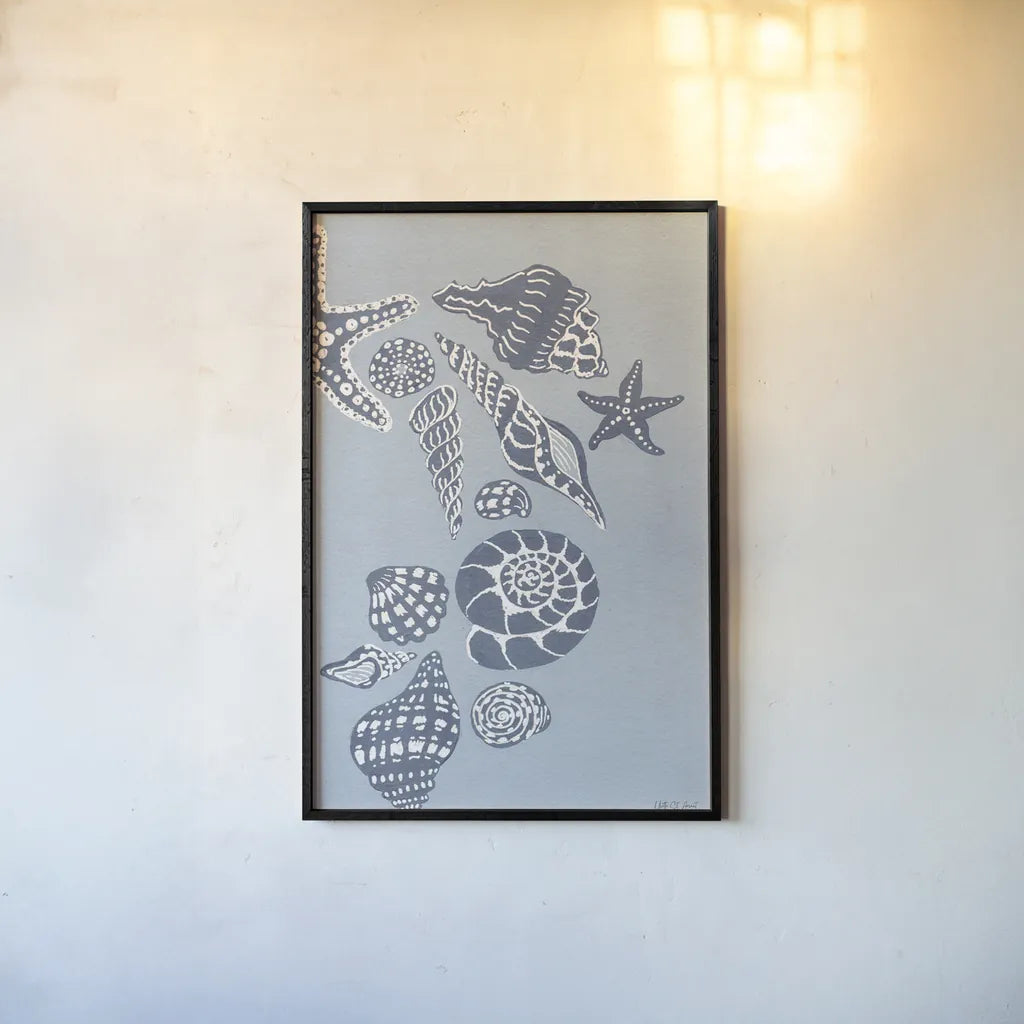 Coastal Shells II by Yvette St. Amant. shown as a paper print in a black flame. Available as a archival giclee rolled canvas, fine art paper, or poster print. SKU 88369h.